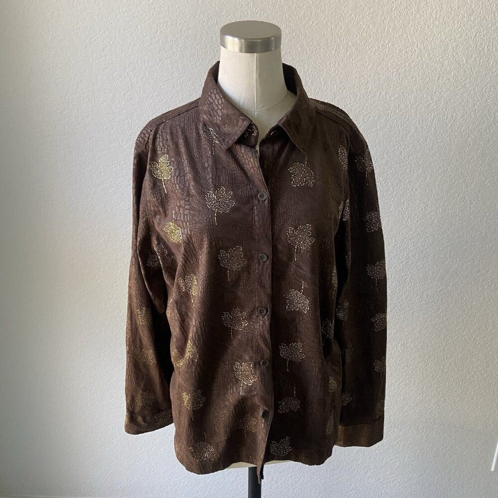 Chicos Button Up Shirt Size 2 US M-L Brown Gold Leaf Pattern Long Sleeve